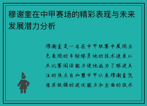 穆谢奎在中甲赛场的精彩表现与未来发展潜力分析