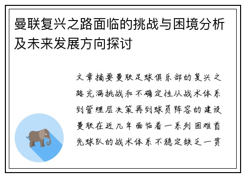 曼联复兴之路面临的挑战与困境分析及未来发展方向探讨